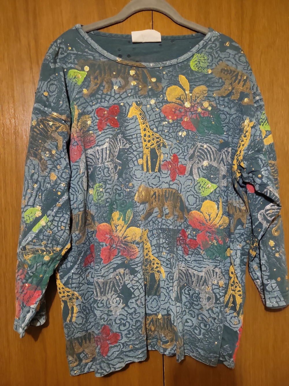 Womens Long Sleeve Safari Print Top - Green with Multicolor Accents